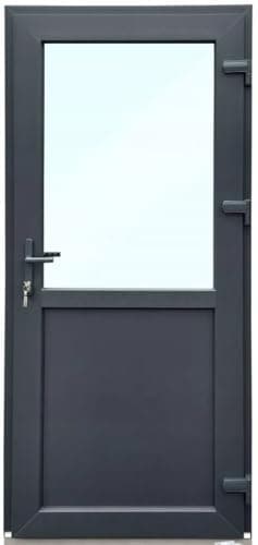 Porta di casa in plastica, 110 x 210 cm, DIN destra, porta d'ingresso secondaria con vetri di sicurezza, set completo per negozio, garage, casa, porta d'ingresso con serratura a 4 punti e accessori