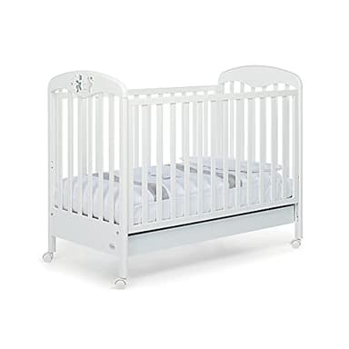 Foppapedretti Lettino con Sponda Regolabile Piccoli Amici, Legno di Faggio, Made in Italy, Rete a Doghe di Faggio, Ampio Cassetto, Regolabile a Doppia Altezza, 4 ruote, 131x71x105 cm, Bianco