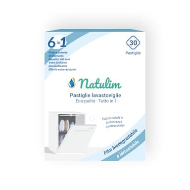 Natulim - Compresse per lavastoviglie 6 in 1 biodegradabili e idrosolubili, confezione da 30 - Pulizia profonda, risciacquo, funzione sale, protezione vetri, effetto extra secco - Made in EU