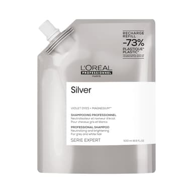 L'Oréal Professionnel, Shampoo Professionale per Capelli Bianchi o Grigi, Colore Brillante, Capelli Morbidi e Luminosi, Arricchito con Magnesio e Agenti Anti-Giallo, Silver, Ricarica, 500 ml