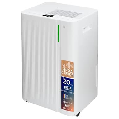 Deumidificatore e Purificatore Casa muffa Turbionaire LEVI 20 ION Clean 20L/giorno, Purificazione tramite ionizzazione, Filtro HEPA, Ruote Piroettanti, Tanica da 4,5L, Timer, Adatto fino a 45㎡