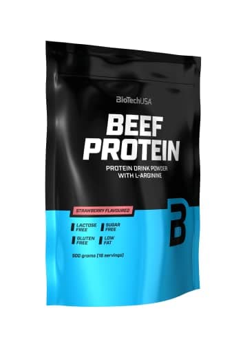 BioTechUSA Beef Protein, formula con peptidi di proteine idrolizzate all'87%, senza lattosio e senza glutine, a basso contenuto di grassi e senza zucchero, 500 g, Fragola