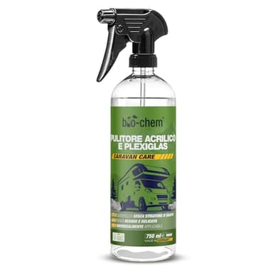bio-chem - Detergente per acrilici e plexiglas 750 ml - Detergente vetri per Parabrezza di Caravan, Camper e Auto - Spray Liquido per la Pulizia dei vetri dell'auto