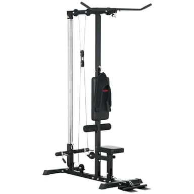 SPORTNOW Stazione Fitness Multifunzione, Power Tower con Lat Machine, Sedile Regolabile in Altezza, Estensione Posteriore e Supporto per Dischi Pesi, 140x108x197 cm, Nero