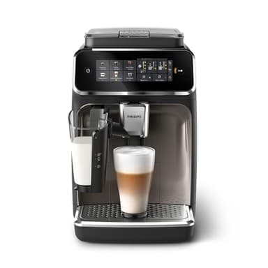PHILIPS Serie 3300 Macchina da caffè automatica - 6 tipi di bevande, Display touch screen a colori, LatteGo, SilentBrew, Macinacaffè in ceramica al 100%, Filtro AquaClean. Cromato nero (EP3347/90)