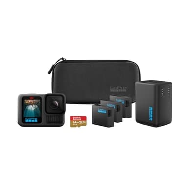 GoPro HERO13 Black Extended Power Bundle - Include caricabatteria doppio, 3 batterie Enduro, scheda microSD da 64 GB, supporto adesivo curvo e custodia per fotocamera