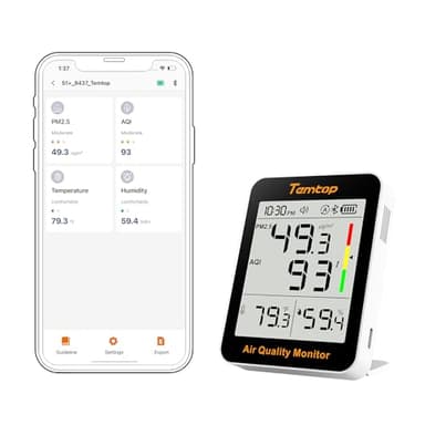 Temtop S1+ Misuratore di Qualità dell'aria PM2.5, AQI Temperatura e Umidità Durata della Batteria ultra Lunga di 100 Giorni, Termoidrometro con Connessione APP, Ideale per Casa e Ufficio
