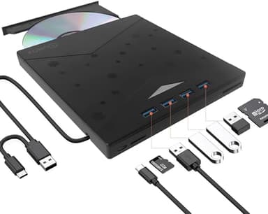 QUMOX Masterizzatore Esterno CD/DVD USB 3.0 con Hub 8-in-1, 4 Porte USB, Lettori Schede SD/TF, Ultra Sottile per PC/Mac/Linux, RGB