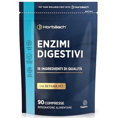 Enzimi Digestivi Completi con Betaina HCl | Integratore Alimentare con Amilasi, Proteasi, Lattasi e Cellulasi | 90 Compresse Vegane | Digestive Enzymes | di Horbaach