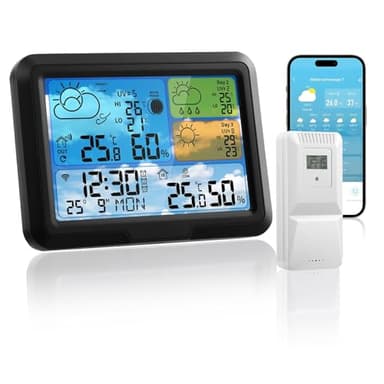 Stazione Meteo Con Sensore Esterno,Con App Tuya E Smartlife, Schermo Lcd Colorato,Allarme,Sveglia,Previsioni Meteorologiche, Stazione Meteorologica Wireless Per Interni Ed Esterni