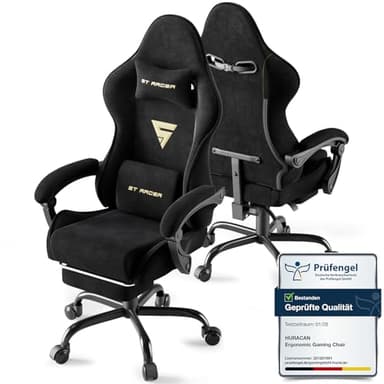 Huracan Sedia da Gaming Ergonomica, Gamer chair Con Cuscino Lombare + Poggiatesta, Sedia Gamer Regolabile In Altezza, Poltrona da gaming Schienale Inclinabile, Poggiapiedi Incluso, Nero