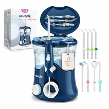 Aquapik® Pro Irrigatore dentale professionale | Rimuove la placca + Consigliato dai dentisti + cura dei tuoi impianti e ortodonzia | Irrigatore orale con 8 ugelli + 10 livelli di pressione + Capacità