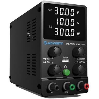 Jesverty, alimentatore da laboratorio, alimentatore da laboratorio DC regolabile (30 V, 10 A) con display LED ad alta precisione a 4 cifre, uscita porta USB 5 V/2 A, impostazioni approssimative e fini
