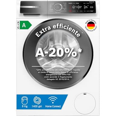 Bosch WGB24400IT Serie 8 Lavatrice smart a carica frontale, 9 kg, 1400 giri, Efficienza energetica A -20%, motore inverter con 10 anni di garanzia, riduce le pieghe, Bianco, 60 Cm