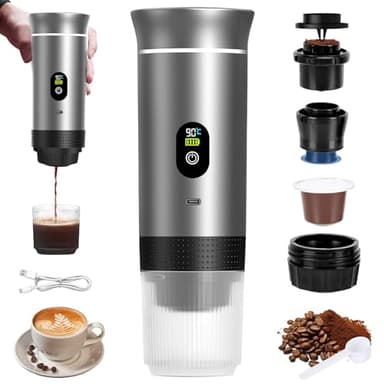 Macchina caffe Portatile 3 In 1 Portable Espresso Maker Compatibile Piccole e Grandi Capsule di Caffè Caffe Macinato Elettrico 12 V Caffettiera da Viaggio Casa ufficio e Avventure All'aria Aperta