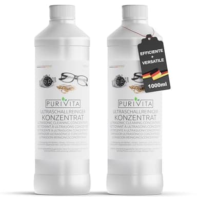PURIVITA® Detergente per Pulizia Ultrasuoni [2x1L] - Concentrato Pulitore Ultrasuoni per Occhiali, Gioielli & Protesi Dentali - Pulitrice Ultrasuoni - Ultrasonic Cleaner - Dispositivi ad Ultrasuoni