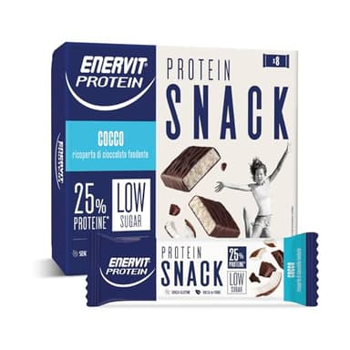 Enervit, Protein Snack al Cocco e Cioccolato Fondente, Low Sugar, Cuore Morbido al Cocco, Barrette Proteiche, Per il Controllo del Peso, Ricche in Fibre, Senza Glutine, 8 Barrette da 27g