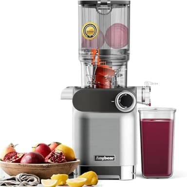 Anybear Estrattore di Succo, 200W Juicer, Spremiagrumi a Freddo, con Vano di Riempimento da 110 mm, per Frutta e Verdura Intera, Coclea Potenziata, Materiale Tritan, Senza BPA (argento)
