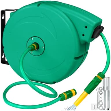 tectake® Tamburo Avvolgitubo, Dispositivo di Riavvolgimento Automatico, Supporto da Parete Orientabile 180°, Incl. Spruzzatore d’acqua, 20 m Tubo, Antiurto, Ideale per Giardino - 20 m