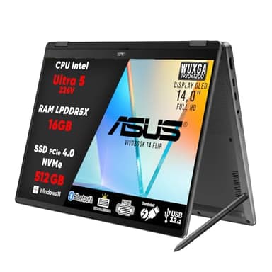 ASUS Pc Portatile Vivobook 14 Flip 5, Intel Core Ultra 5, 16Gb RAM, SSD 512GB, Notebook 14.0 Oled Touch Screen, Computer Portatile, Laptop, Tastiera Retroilluminata, Con Pennino In Dotazione