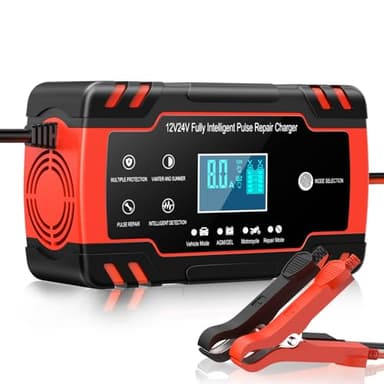 8A Caricabatteria da Auto, 12V / 24V 8A Multi Protezioni Carica Batteria Moto,Intelligente Schermo LCD Carica Batterie Completamente Automatico per Moto,Barche, Auto, Batteria AGM.