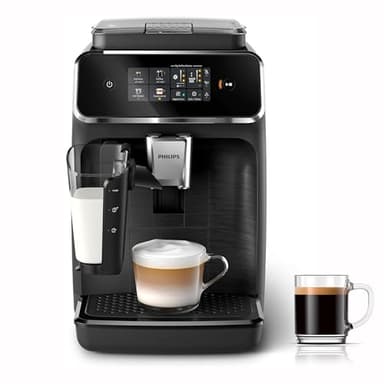 PHILIPS Serie 2300 Macchina da caffè automatica - 4 tipi di bevande, Display touch screen a colori, LatteGo, SilentBrew, Macinacaffè in ceramica al 100%, Filtro AquaClean. Nero Opaco (EP2330/10)