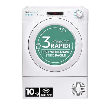 Candy Smart Pro Asciugatrice 10 Kg a Pompa di Calore, Libera Installazione, Connessione Wi-Fi, Controllo da App, 59,6 x 58,5 x 85 cm, Bianca - CSOE H10A2DE-S [Classe di efficienza energetica E]