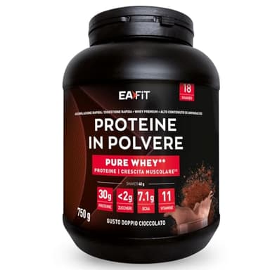 Proteine in Polvere Whey 750 g Gusto Doppio Cioccolato | 30 g per Shaker Proteine | Whey Protein Concentrate e Isolate | BCAA + L-Glutammina + Taurina | Integratore per Massa Muscolare|Con 11 Vitamine