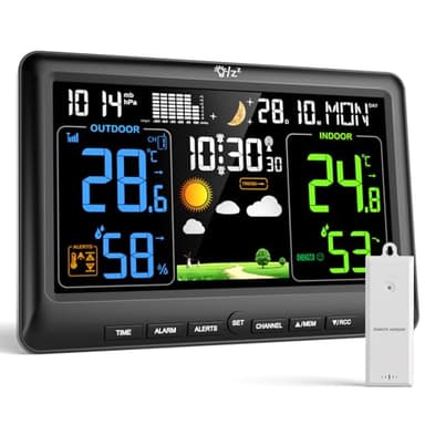 LIORQUE Stazione Meteo con Sensore Esterno, Stazione Meteorologica Display a Colori, Fase Lunare, Previsioni Meteo, Data, Retroilluminazione Regolabile, Igrometro, Barometrico, Sveglia