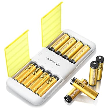 Batterie al litio ricaricabili Confezione da 8 con caricabatterie, batterie ricaricabili da 1,5 V, 3000 mWh ad alta capacità AA, Li-ion AA con caricabatterie, [2-1] Charing-Storage Box