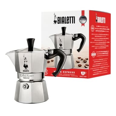 Bialetti Caffettiera Moka Express 2 Tazze, Manico anti scottatura, Non adatta a induzione, (90 ml), Alluminio