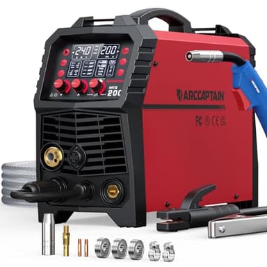 ARCCAPTAIN Saldatrice a Filo Continuo, Saldatrice MIG 200A 6 in 1 Gas MIG/Gasless Flux Core MIG/Stick/Lift TIG/Spot Welding/Spool Gun 230V Saldatrice Multiprocesso in Alluminio con display LED