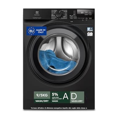 Electrolux EW7W295B Lavasciuga DualCare 700 con Tecnologia SensiCare+, 9 kg Lavaggio o 5 kg Asciugatura, 1400 Giri al Minuto, Lavaggio Rapido e Cesto CareDrum, 847x597x576 mm, Classe A, Nero