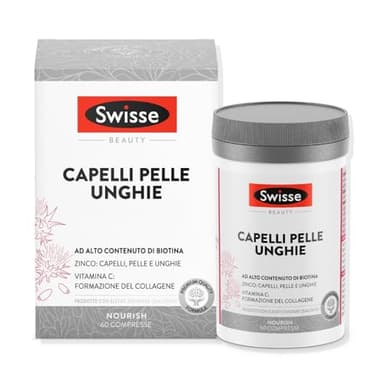 SWISSE Capelli Pelle Unghie - Integratori per Capelli, Pelle e Unghie con Vitamina C Biotina Cardo Mariano, 60 Compresse - Zinco Integratore Capelli, Formazione Collagene e Unghie Sane - Made in Italy