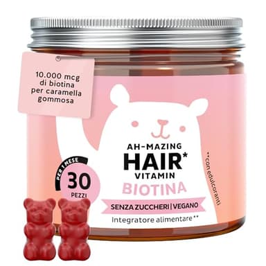 Biotina Gummies Ah-mazing Hair – Integratori per Capelli – Formula Potenziata – 10.000 µg di Biotina, Zinco, Vitamina B6, C, E e Iodio – 30 pezzi (1 Mese), Vegane, Senza Zucchero, Bears with Benefits