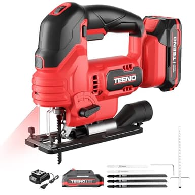 TEENO Seghetto Alternativo Senza Fili Per Due Batterie Makita 20V 2.0 AH, Seghetto Alternativo a Batteria Laser 800-3000 SPM, 6 VELOCITÀ, LED, Angolo ±45°, 5 lame per Legno, Plastica, Metallo