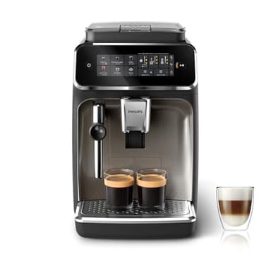 PHILIPS Serie 3300 Macchina da caffè automatica - 5 tipi di bevande, Touch screen a colori, Sistema LatteGo, SilentBrew, Macinacaffè in ceramica al 100%, Filtro AquaClean. Cromato Nero (EP3326/90)