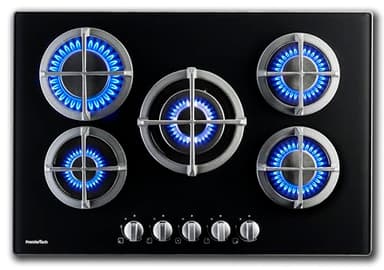 PremierTech Piano Cottura a Gas, 5 Fuochi, 75 cm, Vetro Nero, Supporti in Ghisa Professional, predisposto a Metano e Kit Ugelli GPL inclusi, Design Elegante - PC5G75V