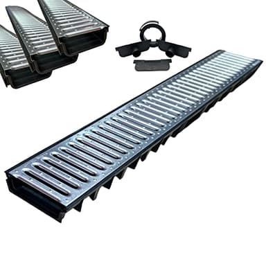 MASTERBRICO Canaletta Scolo Acqua Piovana e Carrabile 125x50 mm – Sistema per Cortili Garage Interrati Terrazzi, Kit 3 Pz con Griglia Zincata A15 – 3 Canali da 1 Metro, 2 Testate, 1 Bocchello