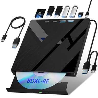 Wbacon Unità Blu-ray esterna 7 in 1, masterizzatore Blueray/DVD esterno USB 3.0 Tipo-C con porta SD/TF, supporto 100G Bluray Disc R/W per PC compatibile con Windows XP/7/8/10/11 Mac Laptop Desktop