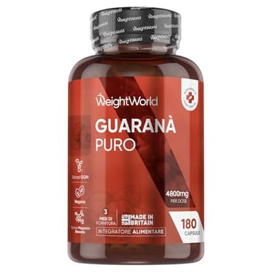 Guarana Puro Vegano, 180 Capsule, per 3 Mesi, Estratto 10:1 di Guarana Polvere, 4800mg per Dose, da Semi di Paullinia Cupana, Superfood Pre Workout, Senza Magnesio Stearato, Prodotto nel Regno Unito
