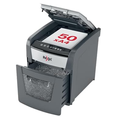 REXEL Optimum Auto Feed+ 50X, Distruggidocumenti Automatico, 50-55 Fogli (80-70 gr/mq), Taglio a Frammento, Livello di Sicurezza P-4, per la Casa e per l’Ufficio, Capacità 20 Litri, 2020050XEU