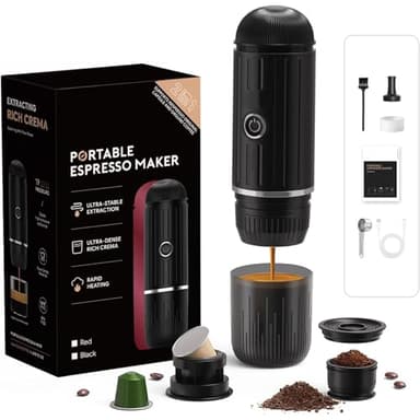 HAILASRE Macchina per espresso elettrica portatile, sistema di estrazione auto-riscaldante 2 in 1, macchina da caffè espresso Crema Nespress, supporta caffè macinato e capsula NS, ME2218 (NERO)