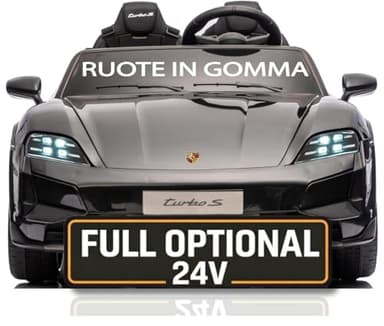 Porsche Taycan Turbo S 24V Auto Elettrica per Bambini 2 Posti Macchina con Telecomando Ruote in Gomma Due Cinture a 3 Punti Luci LED Bluetooth Full Optional Carico Massimo 60 Kg Nero