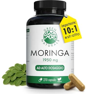 Green Naturals® Moringa Oleifera – Alta dose 19.500 mg equivalenti di polvere di moringa (1.950 mg di estratto 10:1) – 100% vegano & senza additivi – Testato in laboratorio – 270 capsule (3 mesi)