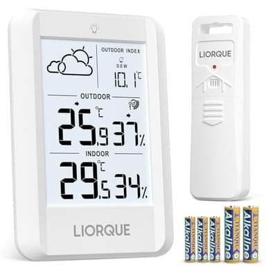 LIORQUE Stazione Meteo con Sensore Esterno,Schermo LCD con Retroilluminazione, Data, Temperatura, Umidità, Previsioni di Tempo, Sensore Esterno IPX4 Impermeabile,Con Batteria