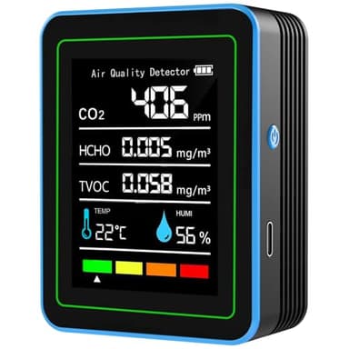 5 in 1 Monitor di qualità dell'aria per interni: sensore di temperatura e umidità con CO2, TVOC, HCHO, rilevatore portatile professionale, misuratore di qualità dell'aria per casa, ufficio, scuola