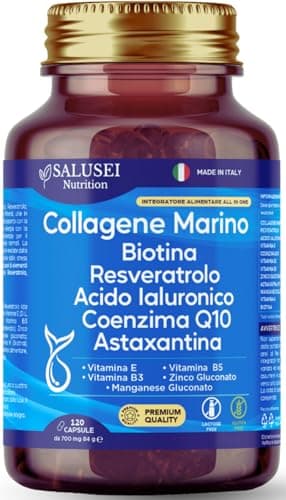 Integratore per Capelli Pelle e Unghie con Collagene Marino Idrolizzato e Biotina 450mg Antinvecchiamento con Antiossidanti Astaxantina Resveratrolo, Acido Ialuronico Coenzima Q10 | SALUSEI Nutrition