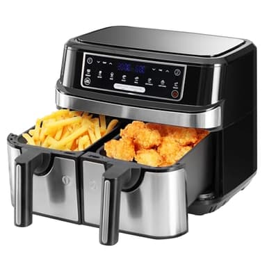 Friggitrice Ad Aria 9L | Friggitrice Aria Doppio Cestello con 2x4,5L Cestello, 8-in-1 Airfryer Controllo Indipendente Temperatura 50-200℃, Grande Doppia Zona 2600W Air Fryer LED Schermo Touch Timer