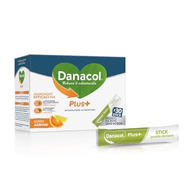 DANACOL Plus + Integratore Alimentare, Riduce il Colesterolo grazie agli Steroli Vegetali , Vitamina B1, Pronto da Bere, Senza Monacolina, 30 Stick da 15 ml (30 giorni)